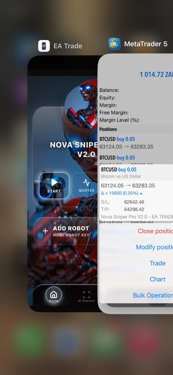 Nova Sniper Pro running with BTCUSD positions at 1 014.72 ZAR