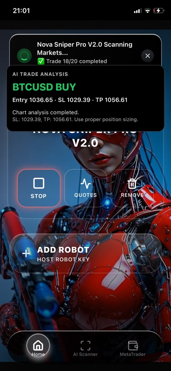 Nova Sniper Pro V2.0 robot app scanning markets on a phone